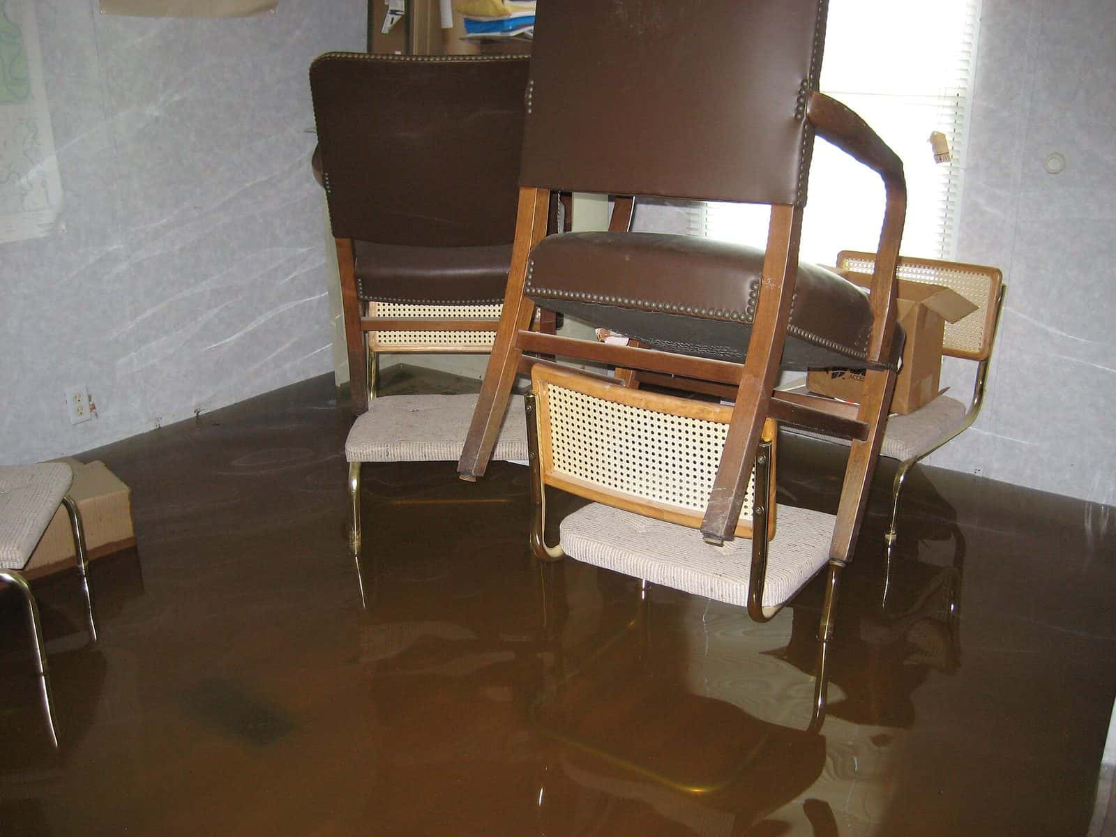 Office floor covered in standing water after a flood